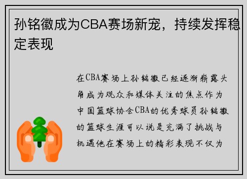 孙铭徽成为CBA赛场新宠，持续发挥稳定表现