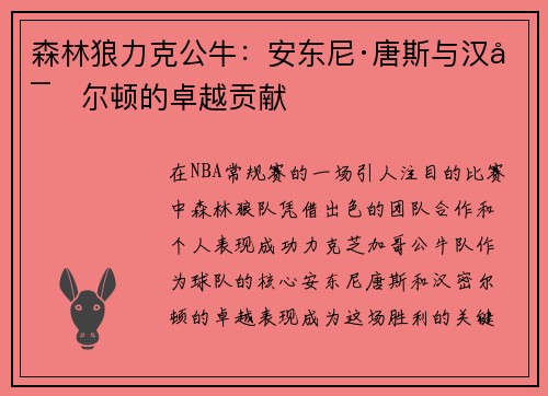 森林狼力克公牛：安东尼·唐斯与汉密尔顿的卓越贡献