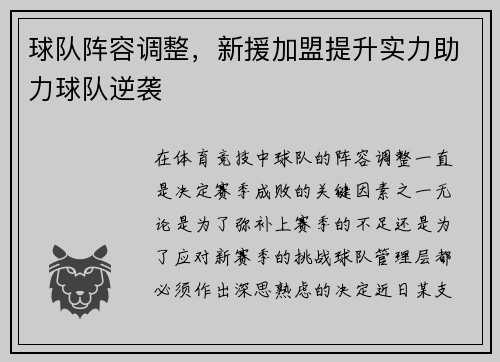 球队阵容调整，新援加盟提升实力助力球队逆袭