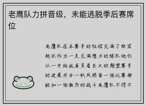 老鹰队力拼晋级，未能逃脱季后赛席位